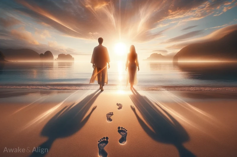 Two people walking on a beach with their footsteps aligned symbolising reuniting with your soul family.