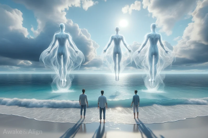 3 people standing on the beach as a soul group with their spiritual development.