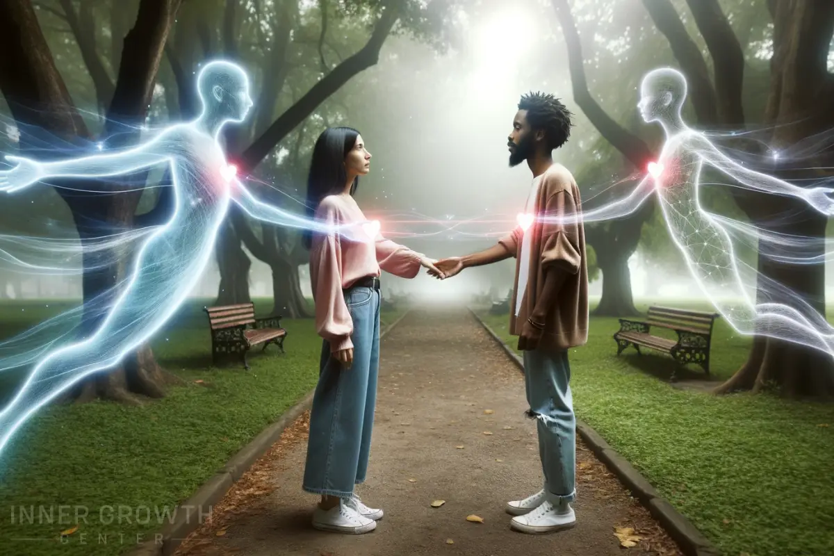 A man and woman holding hands with spirits behind them joining them by their hearts.