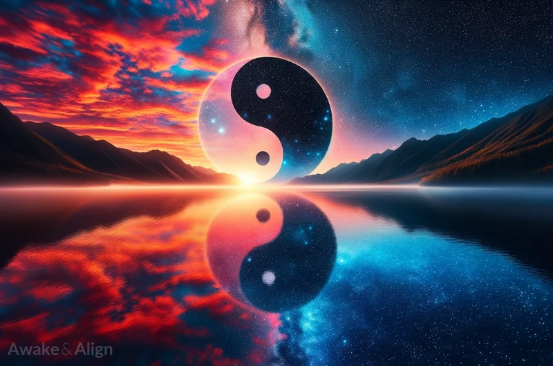 A yin and yang in the background of a day and night evening across a lake with clouds.